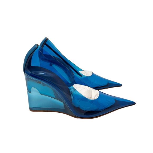 NEW Amina Muaddi Ane Pointed Toe PVC Glass Patent Wedges Heels Blue US 7.5 - Picture 5 of 13